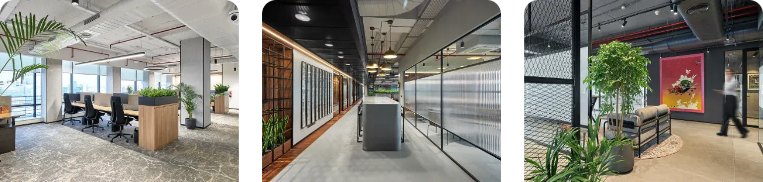Strip of Officebanao-built offices: lounges, workstations, and meeting rooms