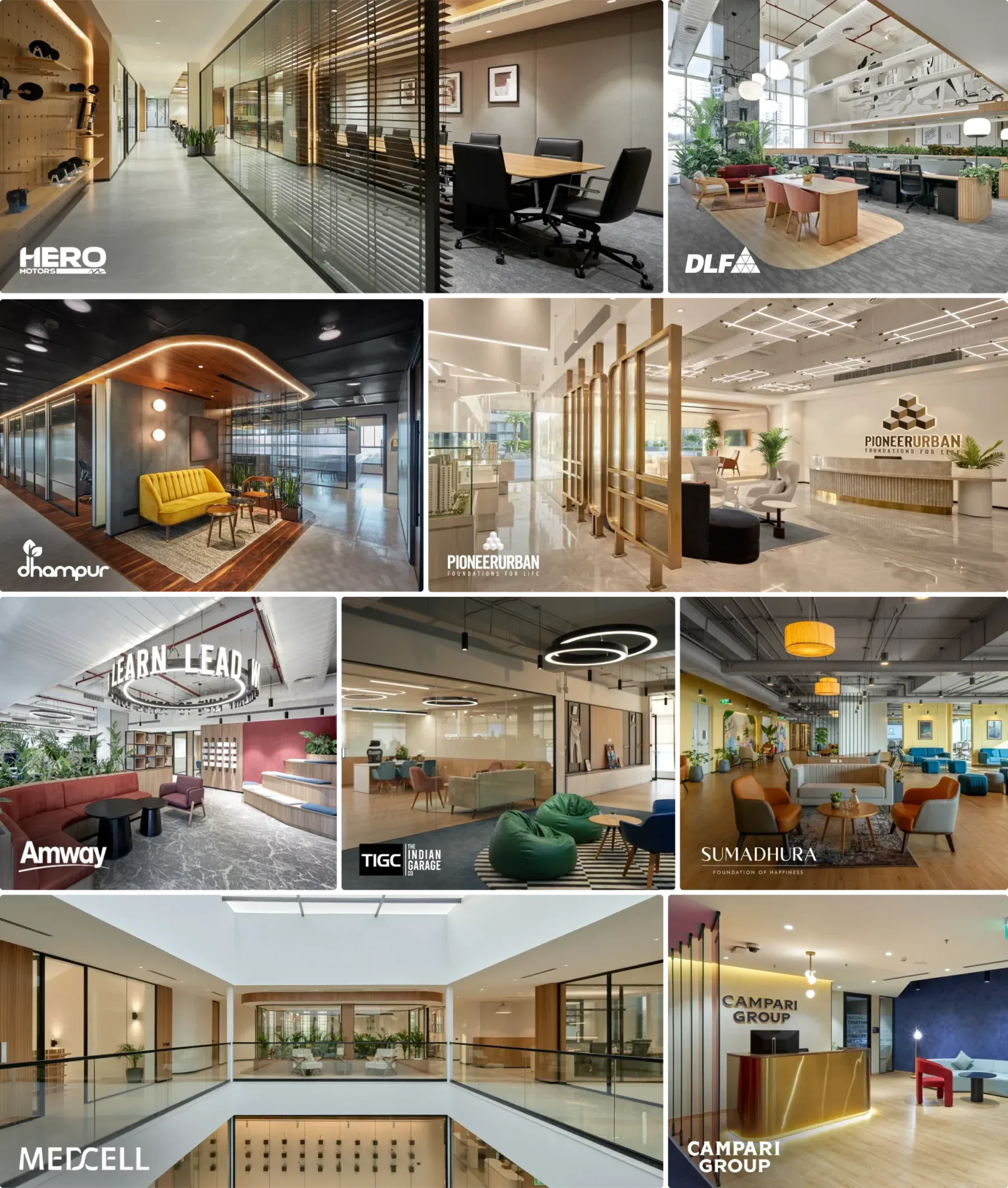 Mosaic of Officebanao projects for Hero, DLF, Amway, Metcell, and more