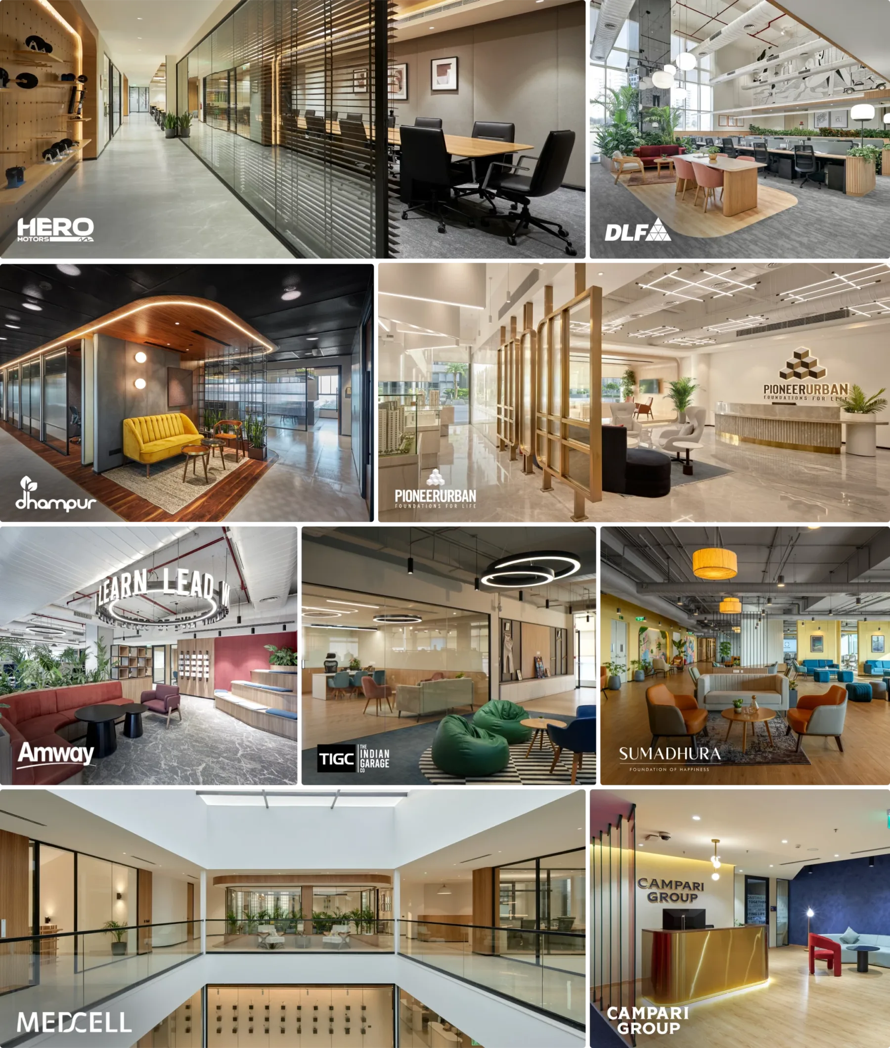 Mosaic of Officebanao projects for Hero, DLF, Amway, Metcell, and more